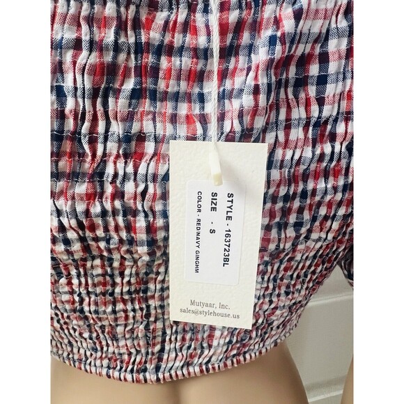 SIM & SAM Puff Sleeve Gingham Crop Top S Smock back Cowgirl Cottagecore Patriot - Picture 6 of 9